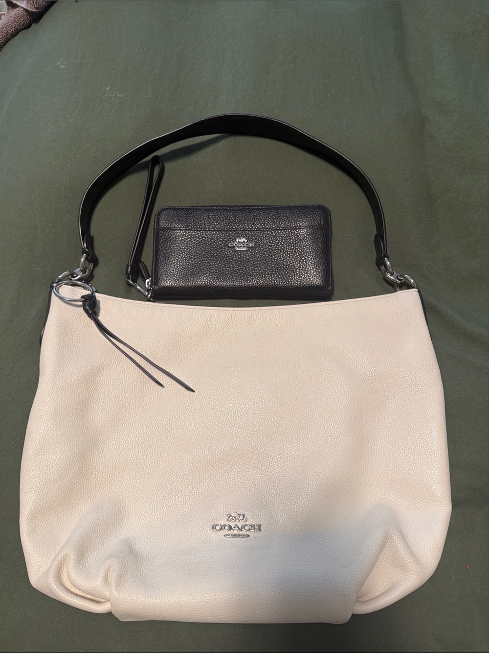 Coach Cream Leather Shoulder Bag with Black Strap and Matching Large Wallet